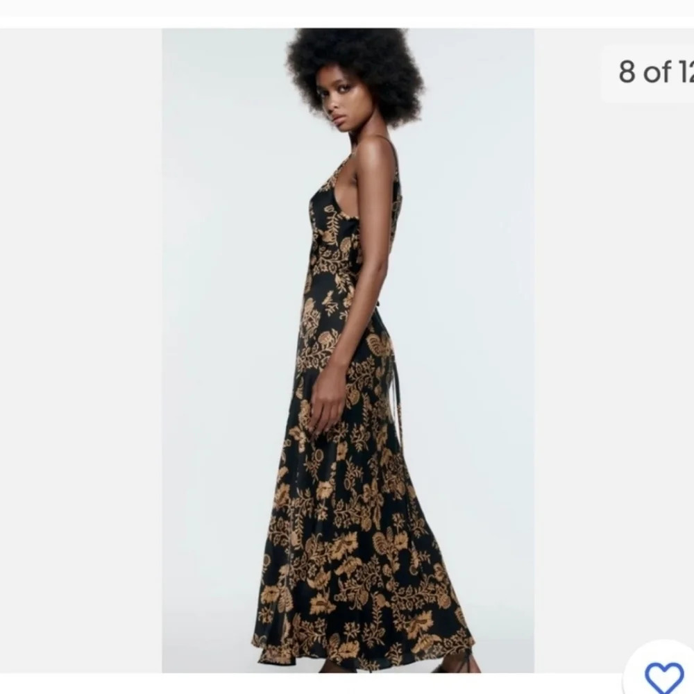 ZARA Black Gold Wrap Maxi Dress Spaghetti Strap Floral Cocktail Party Size XS - Picture 2 of 14